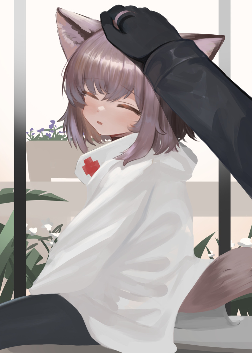 1girl 1other ahoge animal_ears arknights bangs black_gloves black_legwear blush brown_hair closed_eyes doctor_(arknights) dokomon eyebrows_visible_through_hair facing_viewer fox_ears fox_girl fox_tail from_side gloves hair_between_eyes headpat highres jacket long_sleeves out_of_frame pantyhose parted_lips sitting solo_focus sussurro_(arknights) tail white_jacket