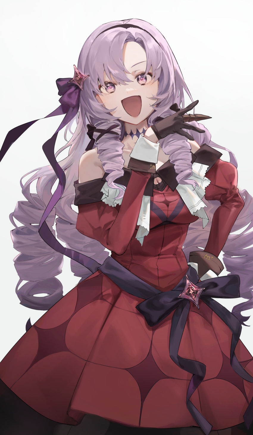 1girl :d absurdres bangs bare_shoulders black_gloves breasts dress drill_hair gloves hair_ribbon hairband highres hyakumantenbara_salome laughing light_purple_hair long_hair long_sleeves looking_at_viewer nijisanji off_shoulder ojou-sama_pose parted_bangs red_dress ribbon simple_background smile solo tsuiru violet_eyes virtual_youtuber white_background