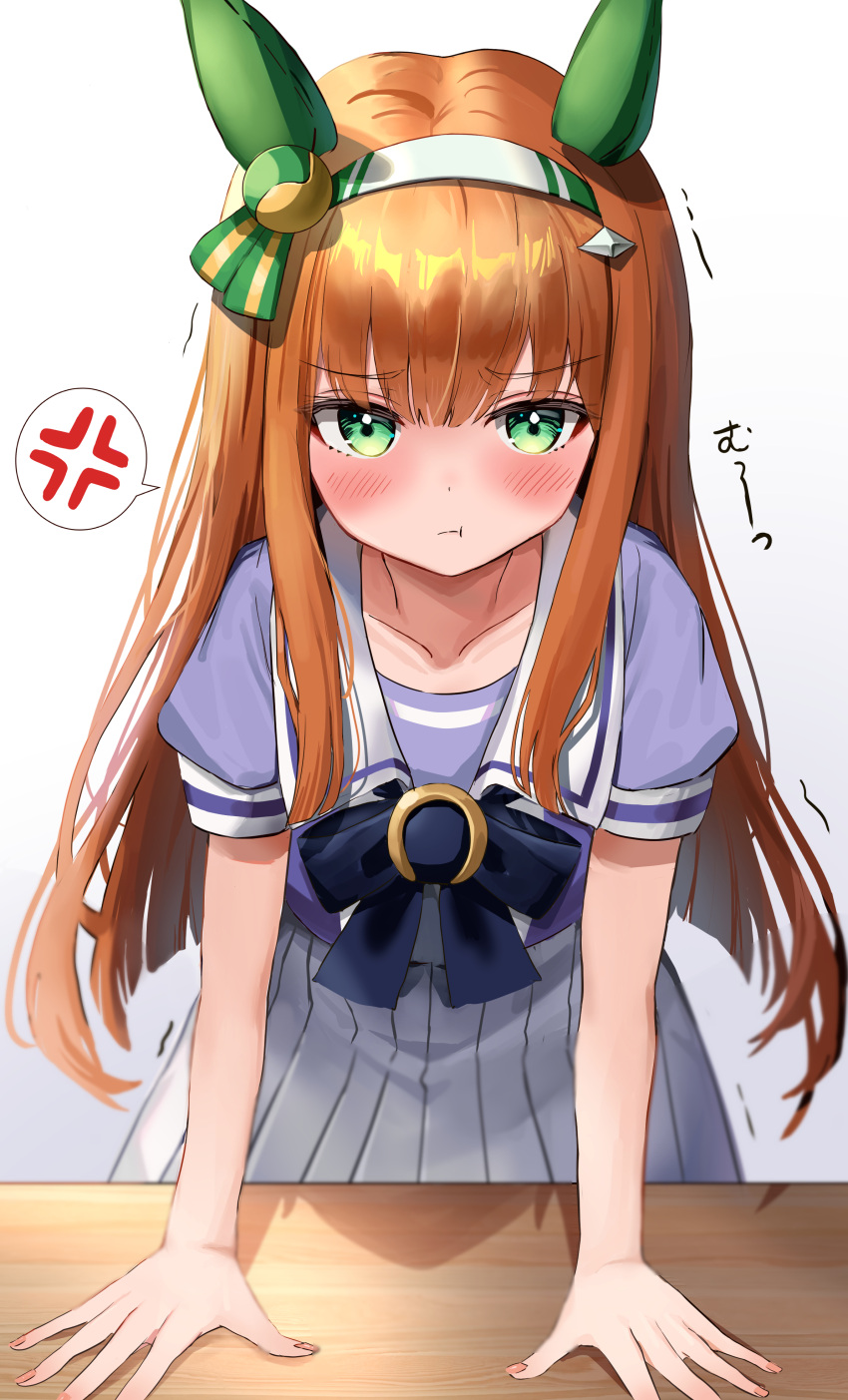 absurdres anger_vein animal_ears bangs blush closed_mouth collarbone commentary_request green_eyes hair_ornament headband highres horse_ears horse_girl long_hair looking_at_viewer orange_hair pov school_uniform silence_suzuka_(umamusume) table tracen_school_uniform umamusume white_background yukimachi_urei