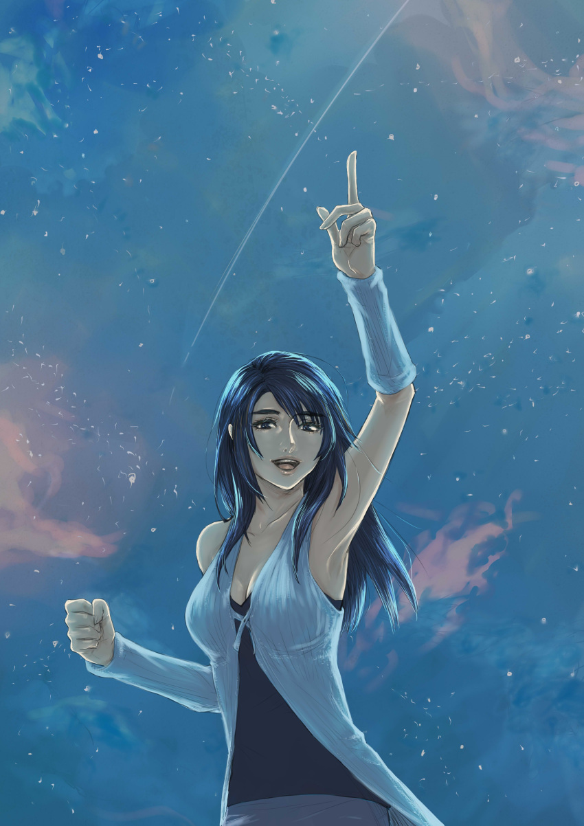 1girl absurdres arm_warmers armpits black_hair breasts clouds final_fantasy final_fantasy_viii highres long_hair looking_at_viewer noie_(neunteedelstein) open_mouth pointing pointing_up rinoa_heartilly sleeveless_duster smile solo teeth upper_teeth