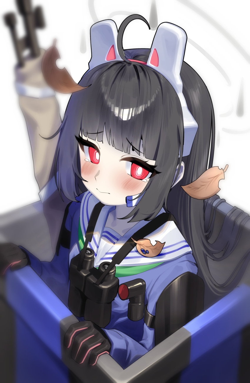 1girl absurdres ahoge autumn_leaves bangs binoculars black_gloves black_hair blue_archive blue_shirt blunt_bangs blurry blurry_background blush bolt_action closed_mouth commentary_request depth_of_field eyebrows_visible_through_hair gloves gun halo headgear highres long_hair long_sleeves miyu_(blue_archive) mosin-nagant red_eyes rifle sailor_collar sbgu shirt sidelocks simple_background sleeves_past_wrists solo weapon white_background white_sailor_collar