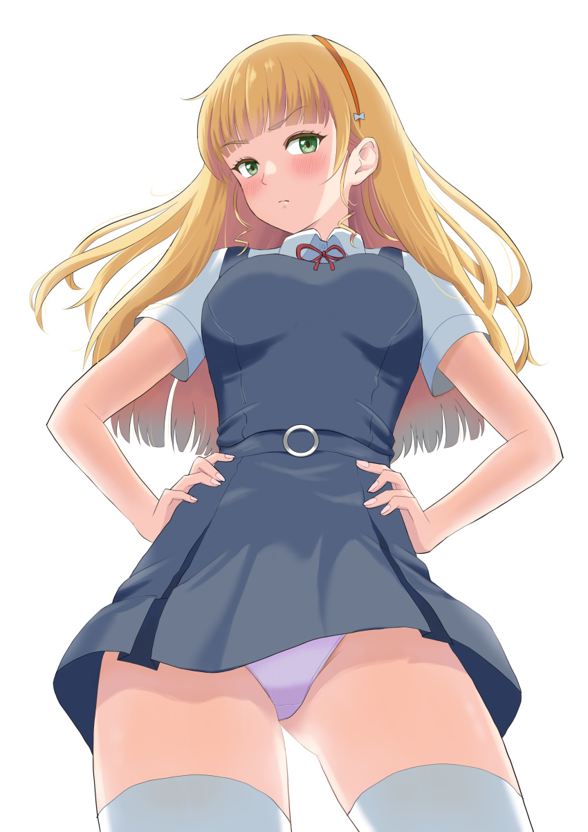 1girl absurdres akiyama_sii blonde_hair blush breasts closed_mouth eyebrows_visible_through_hair from_below green_eyes hairband hands_on_hips heanna_sumire highres large_breasts long_hair looking_at_viewer love_live! love_live!_superstar!! panties pink_panties school_uniform shiny shiny_hair shiny_skin simple_background solo thigh-highs underwear upskirt white_background white_legwear