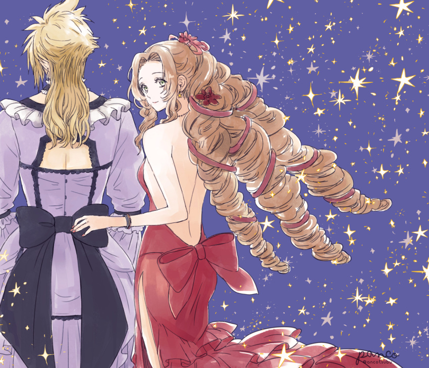 1boy 1girl aerith_gainsborough ancotsubu backless_dress backless_outfit bangs bare_shoulders blonde_hair bracelet breasts brown_hair choker cloud_strife couple crossdressing curly_hair dress earrings final_fantasy final_fantasy_vii final_fantasy_vii_remake flower frilled_dress frills from_behind green_eyes hair_flower hair_ornament hair_ribbon hand_on_another's_back highres jewelry long_hair medium_breasts medium_hair necklace parted_bangs purple_background purple_dress red_dress ribbon ribbon_choker ringlets sidelocks sparkle sparkle_background spiky_hair upper_body