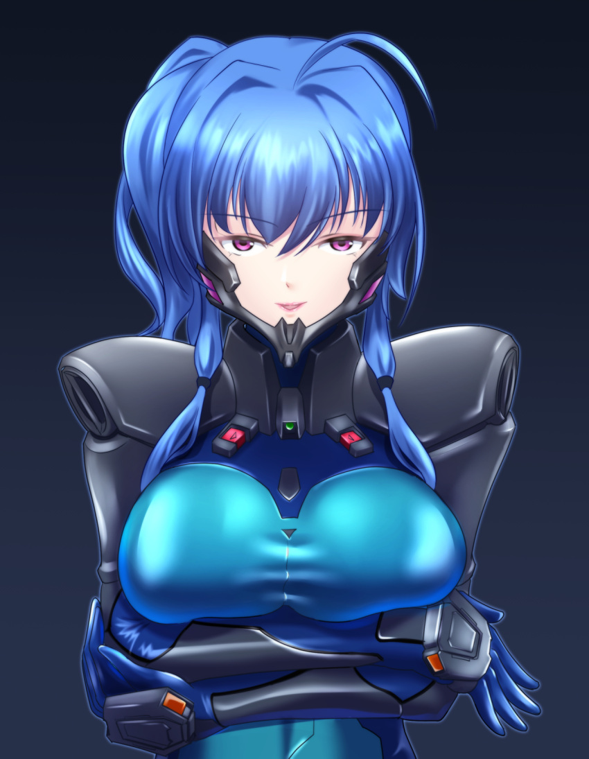 1girl arms_under_breasts azur_lane black_background blue_gloves blue_hair bodysuit breasts eyebrows_visible_through_hair fortified_suit gloves highres large_breasts long_hair looking_at_viewer muvluv muvluv_alternative open_mouth pilot_suit skin_tight smile solo st._louis_(azur_lane) upper_body violet_eyes wata_nuki