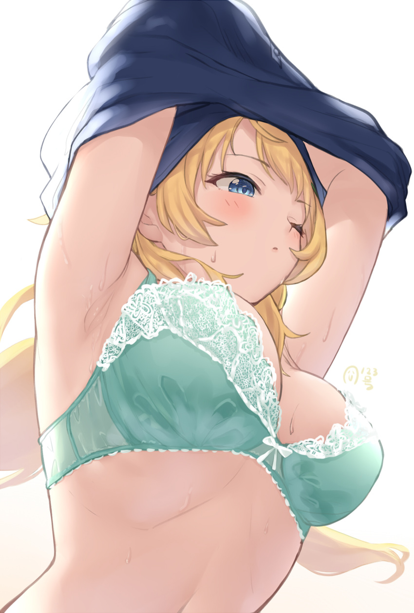 1girl armpits arms_up black_shirt blonde_hair blue_eyes bra breasts clothes_lift from_below green_bra hachimiya_meguru highres idolmaster idolmaster_shiny_colors kijibato_123-gou large_breasts lifted_by_self long_hair one_eye_closed open_mouth shirt shirt_lift sweat underwear undressing white_background