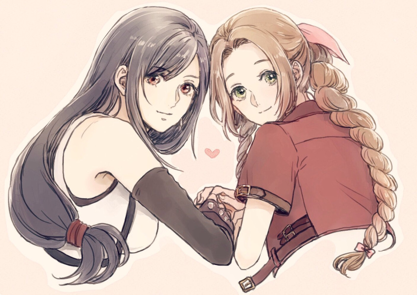 2girls aerith_gainsborough ancotsubu asymmetrical_bangs bangs belt black_hair braid braided_ponytail breasts brown_hair cropped_jacket final_fantasy final_fantasy_vii final_fantasy_vii_remake fingerless_gloves gloves green_eyes hair_ribbon heart holding_hands jacket large_breasts long_hair low-tied_long_hair multiple_girls parted_bangs red_eyes red_jacket ribbon shirt sidelocks sports_bra suspenders tifa_lockhart upper_body white_shirt