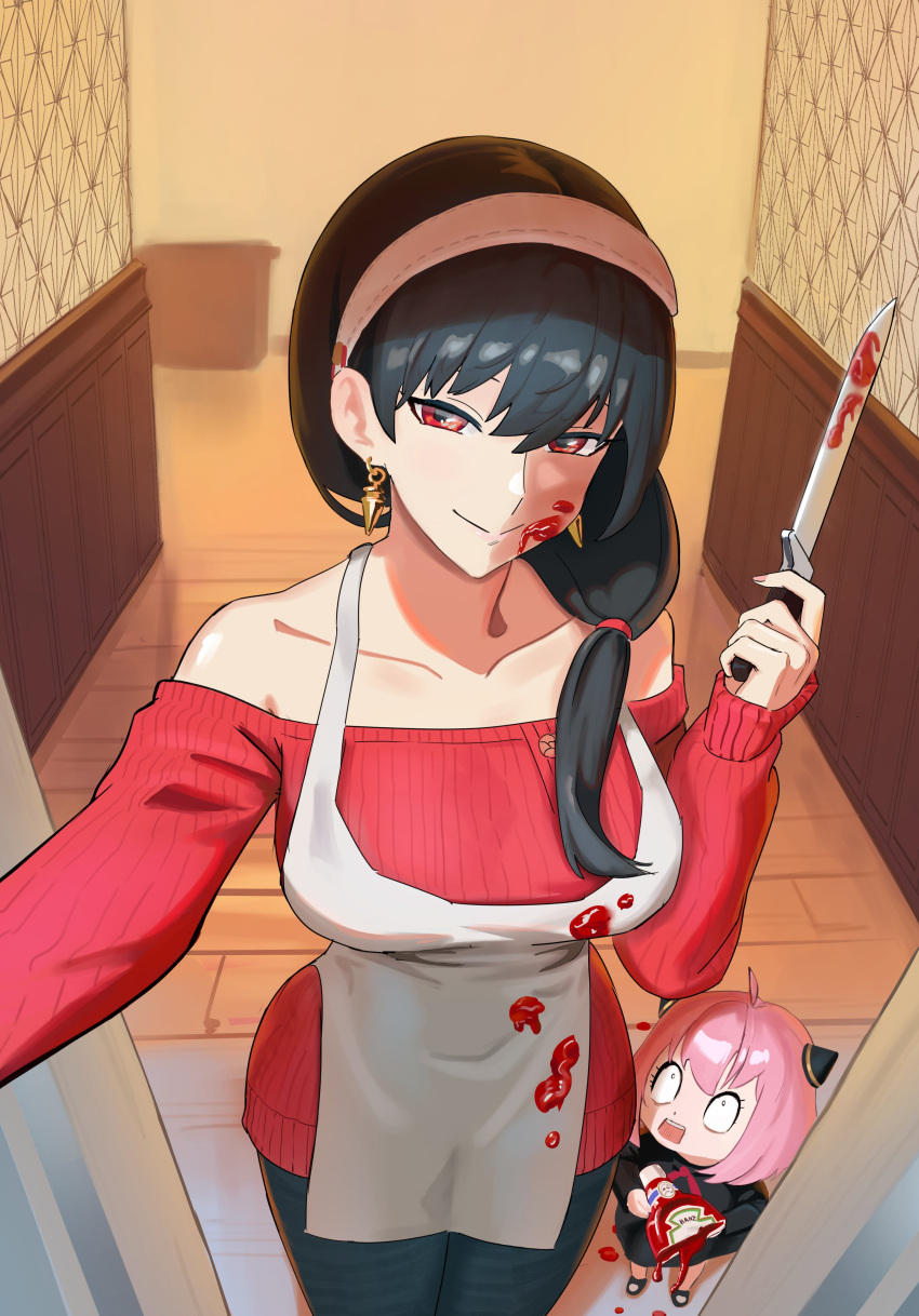 1girl absurdres adapted_costume alternate_breast_size alternate_costume ambiguous_red_liquid anya_(spy_x_family) apron bangs bare_shoulders black_hair breasts child cokeanut10 denim dress green_eyes highres holding holding_weapon jeans knife large_breasts long_hair official_alternate_costume open_mouth pants pink_hair red_eyes red_sweater smile spy_x_family sweater weapon yor_briar