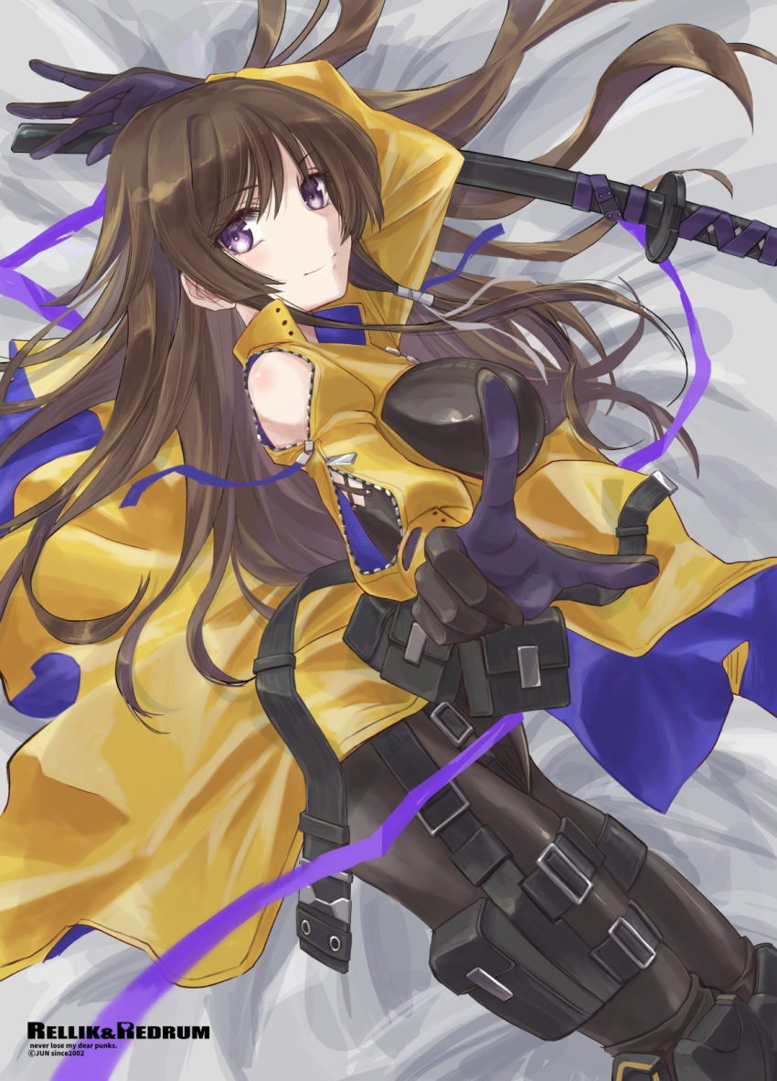 1girl black_bodysuit bodysuit breasts brown_hair clothing_cutout eyebrows_visible_through_hair gloves hair_behind_ear highres immortals:_muvluv_alternative jacket jun_(rellik_&amp;_redrum) katana large_breasts long_hair lying muvluv muvluv_alternative muvluv_total_eclipse on_side pointing pointing_at_viewer purple_gloves shoulder_cutout smile solo sword takamura_yui thigh_strap violet_eyes weapon yellow_jacket