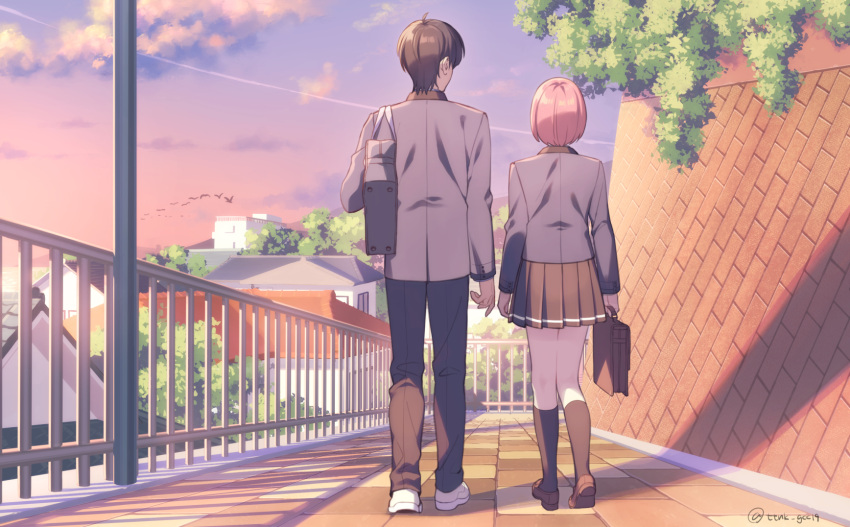 1boy 1girl arm_at_side arms_at_sides bag black_hair black_pants black_skirt blazer bob_cut briefcase brown_footwear building contrail facing_to_the_side from_behind highres holding holding_bag imminent_hand_holding jacket kazama_ryouta kneehighs loafers long_sleeves miniskirt outdoors pants pink_hair plant pleated_skirt protagonist_(tokimemo_gs4) railing retaining_wall road school_bag school_uniform shoes short_hair skirt sky tokimeki_memorial tokimeki_memorial_girl's_side_4th_heart ttnk_gc19 twilight walking white_footwear wide_shot