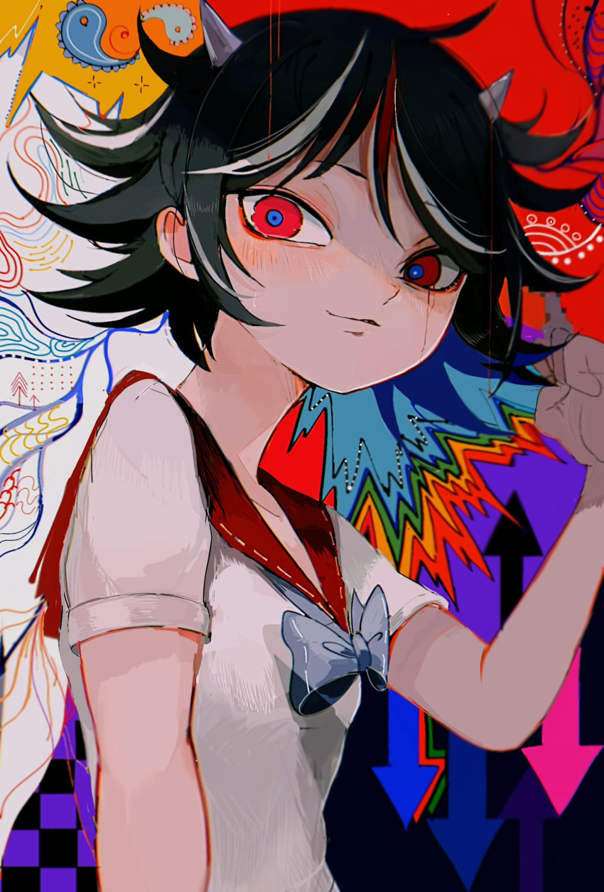 1girl abstract_background bangs black_hair blue_pupils bow bowtie comkdom commentary hand_up highres horns kijin_seija multicolored_eyes multicolored_hair raised_eyebrows red_eyes redhead shirt short_hair short_sleeves smile solo touhou white_hair white_shirt