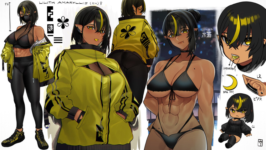 1girl abs ass bangs bikini black_bikini black_eyes black_legwear black_sweater blurry blurry_background breasts character_name chibi cleavage_cutout closed_mouth clothing_cutout colored_tongue crescent dark-skinned_female dark_elf dark_skin earclip earrings elf english_text eyebrows_visible_through_hair eyes_visible_through_hair floral_print from_behind gradient_eyes hair_between_eyes hands_in_pockets head_tilt highres jacket jewelry large_breasts lilith_(lilycious) lilycious long_sleeves looking_at_viewer looking_back mask moire mole mole_on_breast mole_under_mouth mouth_mask multi-strapped_bikini multi-strapped_bikini_bottom multicolored_eyes multicolored_hair multiple_moles multiple_views muscular muscular_female night off-shoulder_jacket off_shoulder original outdoors pants pointy_ears pool ribbed_sweater ribbed_tank_top sharp_teeth shiny shiny_hair shoes short_hair slit_pupils smile sneakers streaked_hair stud_earrings sweater swimsuit teeth thigh-highs thighs tight tight_pants tongue tongue_out upper_body white_background yellow_eyes yellow_jacket yellow_tongue yoga_pants