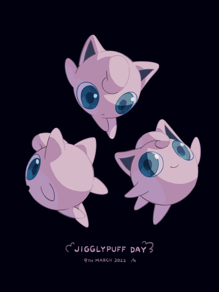 aqua_eyes black_background character_name closed_mouth commentary_request dated highres jigglypuff looking_down mokuzou_(moku_ssbu) no_humans pokemon pokemon_(creature) simple_background smile