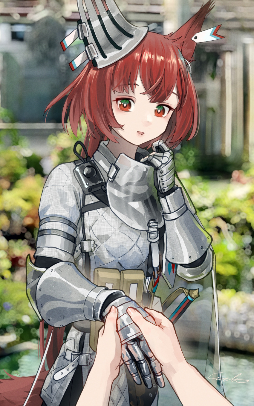 1girl absurdres animal_ears arknights armor bangs blurry blurry_background cape commentary_request cowboy_shot eyebrows_visible_through_hair flametail_(arknights) hand_up hands highres holding_hands knight light_blush light_smile looking_at_viewer red_eyes redhead solo squirrel_ears squirrel_girl squirrel_tail sword tail tilted_headwear weapon welt_(kinsei_koutenkyoku)