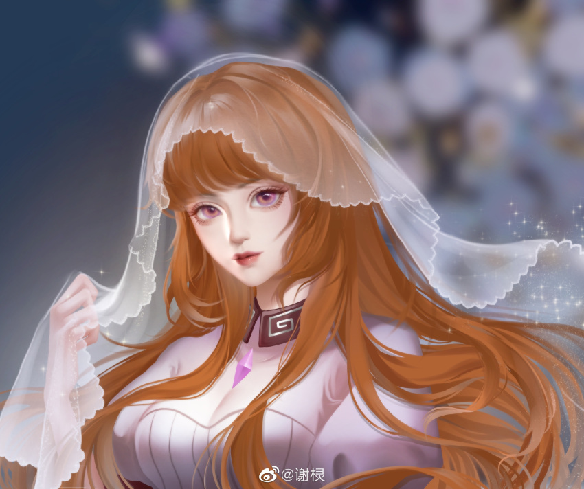 1girl brown_hair collar douluo_dalu dress gem hair_undone highres long_hair looking_at_viewer pink_dress pink_eyes solo sparkle upper_body veil xiao_wu_(douluo_dalu) xie_ling
