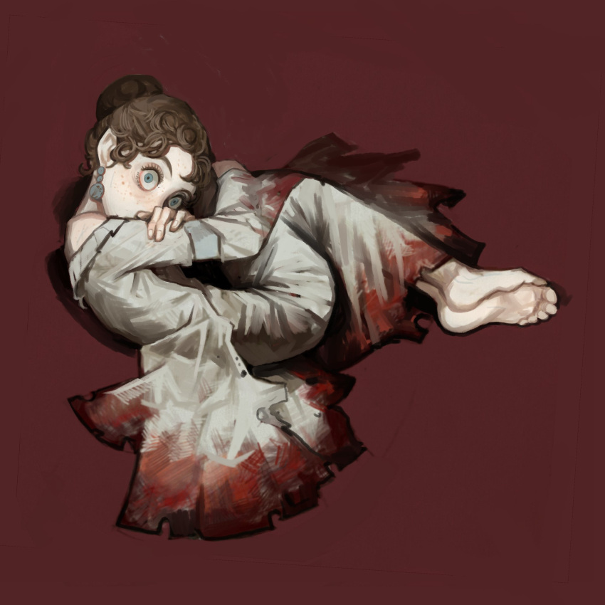 asceline_(warhammer) barefoot blood blood_on_clothes blue_eyes brown_hair curled_up dress freckles hair_bun highres long_sleeves looking_at_viewer lying mossacannibalis on_side red_background simple_background soles toes warhammer_fantasy white_dress wide-eyed