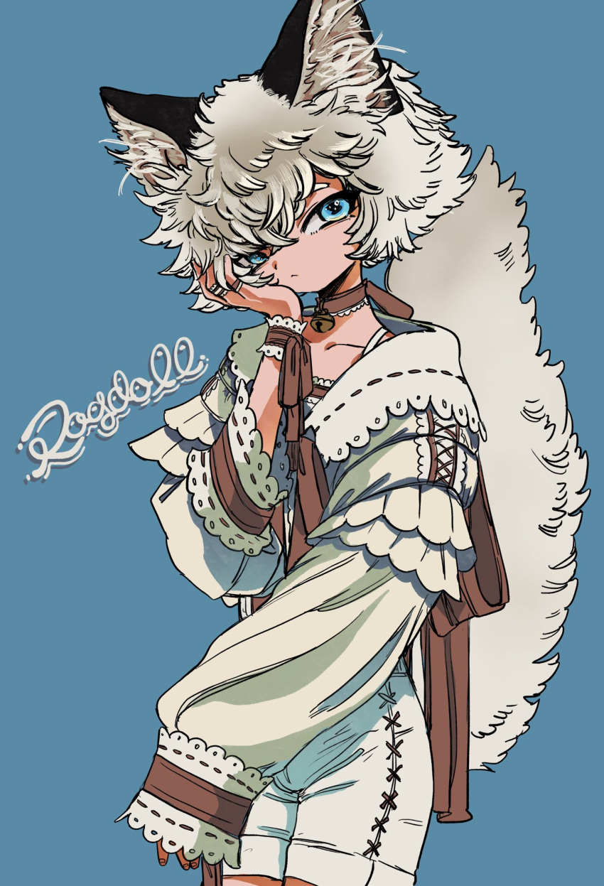 1other :&lt; androgynous animal_ear_fluff animal_ears bell blue_background blue_eyes cat_ears cat_tail english_text feet_out_of_frame hand_on_own_cheek hand_on_own_face highres jewelry long_sleeves looking_at_viewer neck_bell neck_ribbon original ribbon ring shima_(wansyon144) short_hair shorts sleeves_past_wrists solo tail tail_raised white_fur white_hair white_shorts wrist_cuffs wrist_ribbon