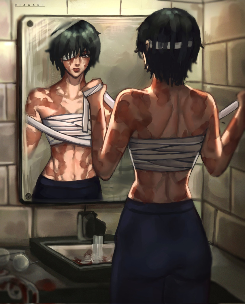 1girl bandaged_chest bandaged_hand bandages bandeau bathroom blood blood_on_bandages closed_mouth english_commentary faucet green_hair highres jujutsu_kaisen looking_at_mirror mirror navel pants riaxart sarashi scar short_hair sink solo spoilers strapless tube_top zen'in_maki