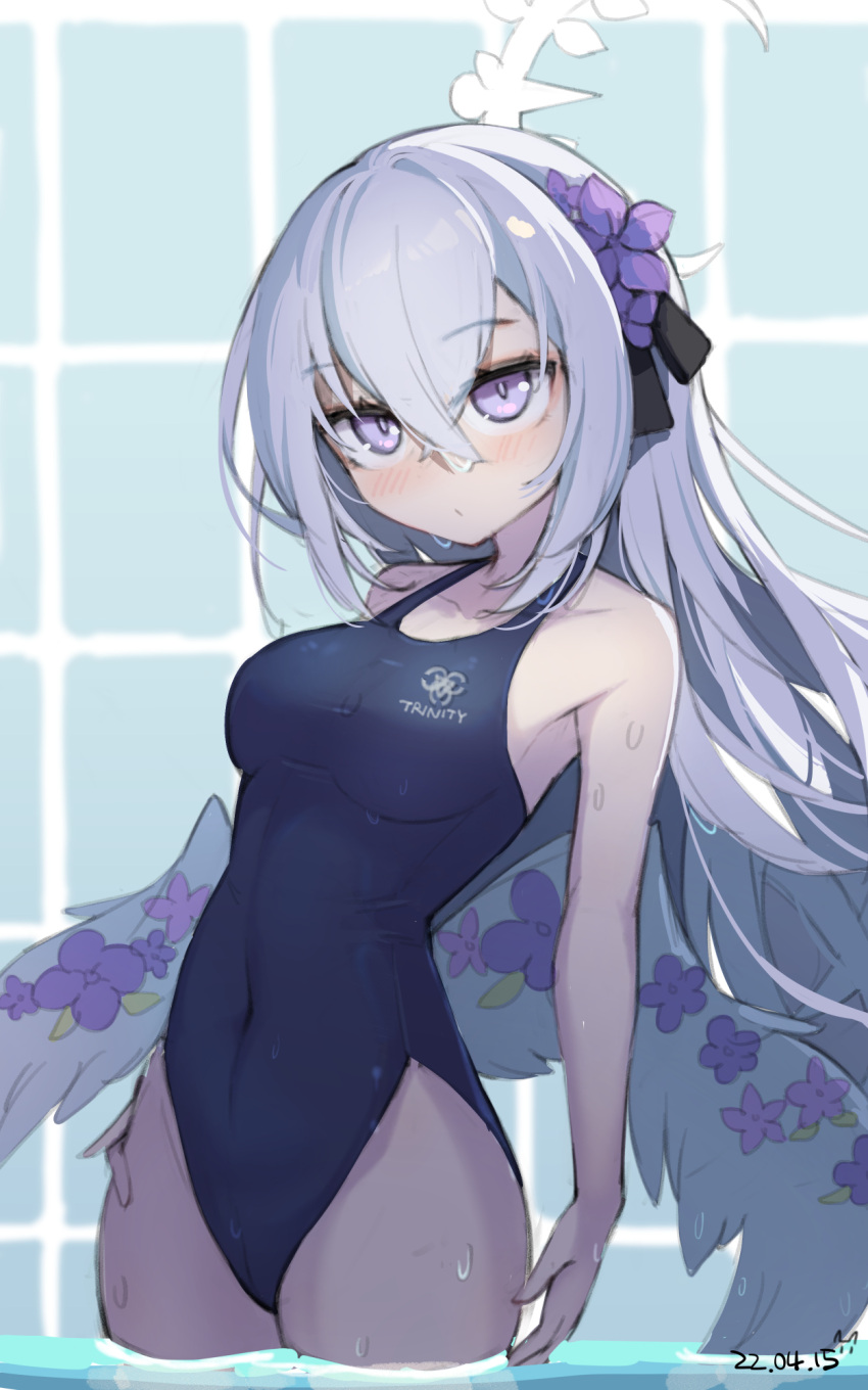 1girl angel_wings azusa_(blue_archive) blue_archive breasts eyebrows_visible_through_hair flower hair_between_eyes hair_flower hair_ornament halo highres long_hair medium_breasts navel purerin school_swimsuit silver_hair swimsuit violet_eyes water wet wet_clothes wet_swimsuit wings