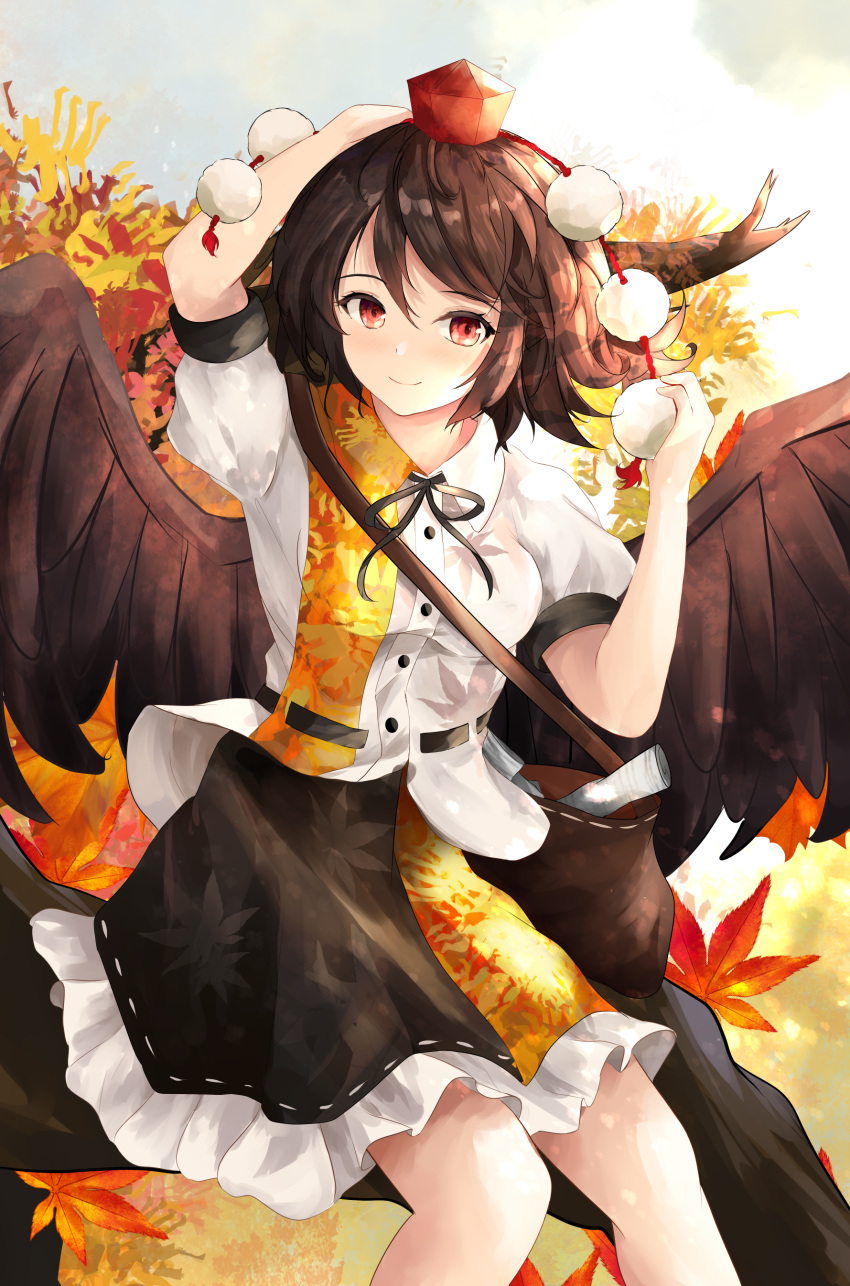 1girl absurdres arm_up autumn_leaves bangs belt black_belt black_hair black_ribbon black_skirt black_wings blush breasts cowboy_shot eyebrows_visible_through_hair feathered_wings feet_out_of_frame hair_between_eyes hand_fan hat highres holding holding_fan leaf leaf_print looking_at_viewer maple_leaf medium_breasts neck_ribbon orchid_(orukido) petticoat pom_pom_(clothes) puffy_short_sleeves puffy_sleeves red_eyes ribbon shameimaru_aya shirt short_hair short_sleeves skirt smile solo tassel tokin_hat touhou white_shirt wings