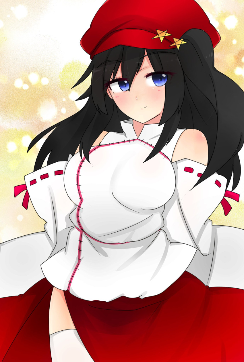 1girl bare_shoulders black_hair blue_eyes breasts cabbie_hat chiru_(218mg) closed_mouth commentary_request detached_sleeves flat_cap hat hat_ornament highres label_girl_(dipp) long_hair long_skirt long_sleeves mandarin_collar medium_breasts pelvic_curtain red_headwear red_ribbon red_skirt ribbon ribbon-trimmed_sleeves ribbon_trim side_ponytail skirt star_(symbol) star_hat_ornament thigh-highs touhou vest white_legwear white_sleeves white_vest wide_sleeves