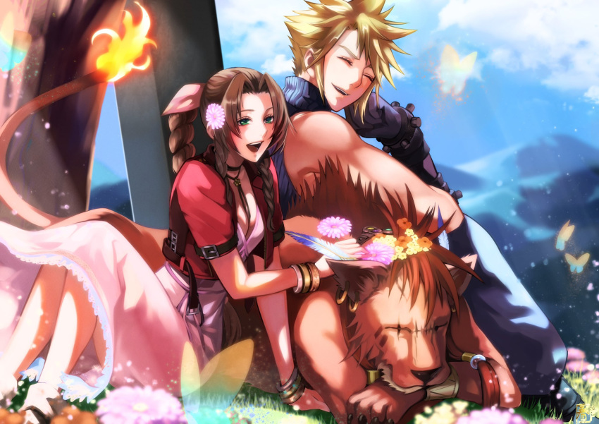 1girl 2boys aerith_gainsborough asymmetrical_hair bangs between_breasts blonde_hair blue_pants blue_shirt bracelet braid braided_ponytail breasts brown_hair bug buster_sword butterfly choker closed_eyes cloud_strife clouds cloudy_sky couple crossed_arms dress earrings facial_mark final_fantasy final_fantasy_vii final_fantasy_vii_remake flame-tipped_tail flower gloves grass green_eyes hair_flower hair_ornament hair_ribbon halu-ca hand_to_own_face highres holding holding_flower jewelry long_dress medium_breasts mountain multiple_boys open_mouth pants parted_bangs pink_dress red_xiii ribbon scar scar_across_eye shirt sidelocks sitting sky sleeveless sleeveless_turtleneck smile spiky_hair teeth tree turtleneck upper_teeth