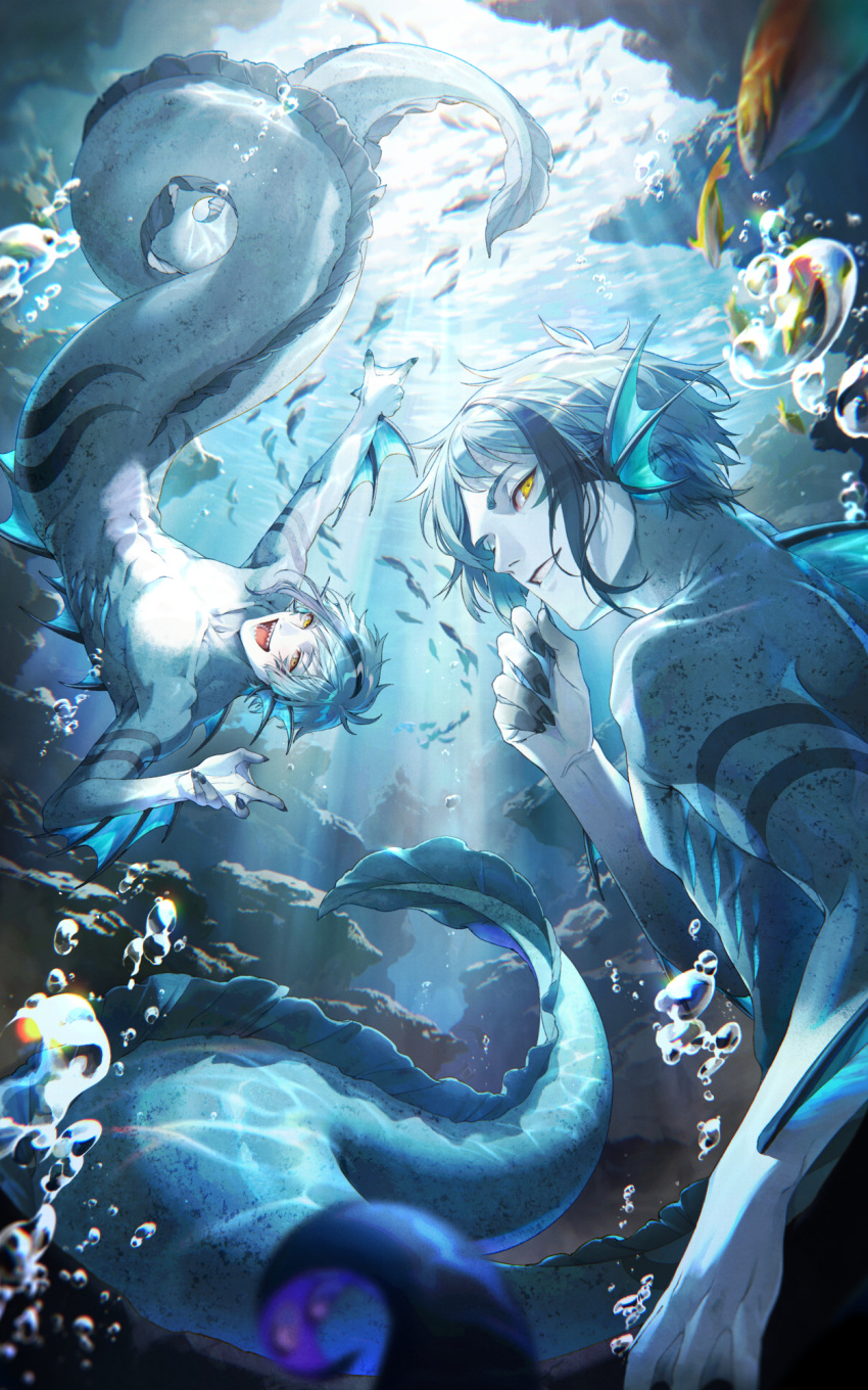 2boys :d abs air_bubble animal_ears arm_strap asymmetrical_hair back_fin black_hair blue_hair blue_nails blue_skin blurry brothers bubble caustics colored_skin coral_reef depth_of_field eel_boy fingernails fins fish floyd_leech from_below hand_up head_fins highres inuhaneteru jade_leech looking_at_viewer looking_back male_focus multicolored_hair multiple_boys nude ocean out_of_frame outstretched_arm pointing pov school_of_fish sharp_fingernails sharp_teeth siblings sidelocks smile streaked_hair submerged sunlight teeth twins twisted_wonderland webbed_hands yellow_eyes