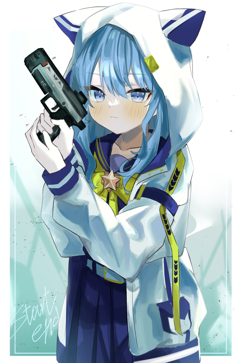 1girl absurdres animal_hood bangs belt black_sailor_collar blue_eyes blue_hair blush box cat_hood collarbone commentary_request eyebrows_visible_through_hair gun heart-shaped_box highres holding holding_gun holding_weapon hololive hood hood_up hooded_jacket hoshimachi_suisei jacket long_sleeves looking_at_viewer nappi0110 neckerchief open_clothes open_jacket sailor_collar sailor_shirt shirt skirt solo virtual_youtuber weapon white_belt white_jacket yellow_neckerchief