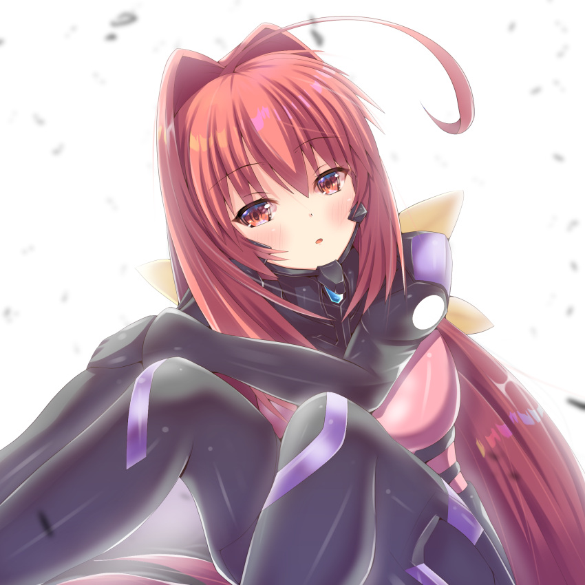1girl :o ahoge blush bow breasts brown_eyes eyebrows_visible_through_hair fortified_suit hair_bow head_tilt highres kagami_sumika kenran_butou looking_at_viewer medium_breasts muvluv muvluv_alternative pilot_suit redhead sitting skin_tight solo white_background yellow_bow