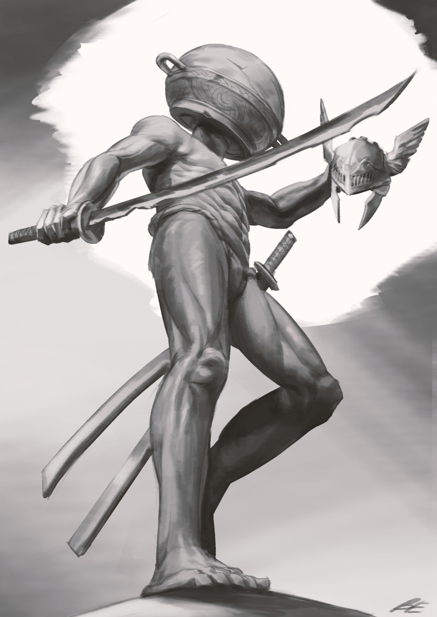 1boy absurdres boiled_egg27 elden_ring greyscale helmet highres holding holding_sword holding_weapon katana let_me_solo_her long_hair male_focus malenia_blade_of_miquella monochrome muscular muscular_male navel pot_on_head simple_background solo sword tarnished_(elden_ring) topless_male weapon