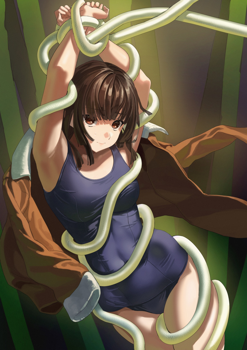 1girl absurdres arms_up bamboo bamboo_forest bangs blunt_bangs bound bound_arms bound_legs bound_torso breasts brown_coat brown_eyes brown_hair coat coat_on_shoulders commentary cowboy_shot forest fur-trimmed_coat fur_trim hair_over_one_eye highres light_smile long_bangs looking_at_viewer medium_breasts medium_hair monogatari_(series) nature open_clothes open_coat school_swimsuit sengoku_nadeko snake standing swimsuit swimsuit_under_clothes zyaki