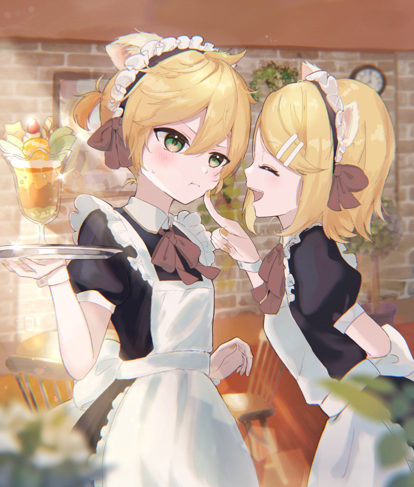 ahoge alternate_costume angry animal_ears annoyed apron bangs black_dress blonde_hair blurry blurry_foreground blush brick_wall cafeteria cat_ears chair cheek_poking clock closed_eyes crossdressing depth_of_field dessert dress enmaided eyebrows_visible_through_hair flat_chest food frilled_apron frills green_eyes hair_between_eyes hair_ornament hairclip highres holding holding_plate kagamine_len kagamine_rin kanato_1227 light_rays maid maid_apron maid_headdress open_mouth plate poking pout puffy_cheeks short_ponytail skinny skirt smile sunbeam sunlight swept_bangs teasing vocaloid wall_clock wrist_cuffs yellow_nails