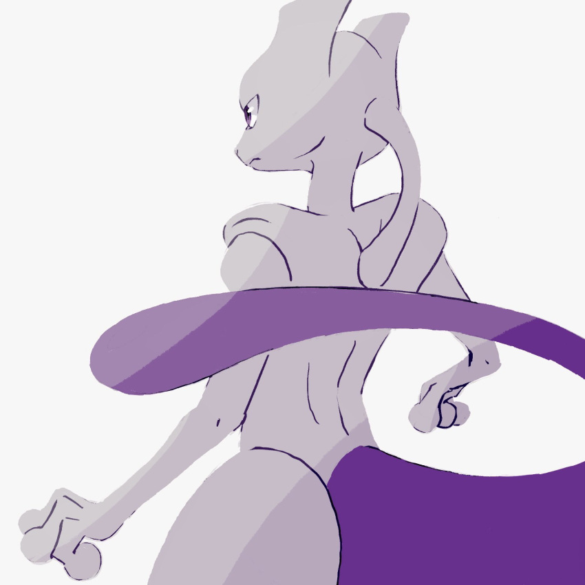closed_mouth commentary_request cowboy_shot from_behind frown highres mewtwo mokuzou_(moku_ssbu) no_humans pokemon pokemon_(creature) simple_background solo tail violet_eyes white_background