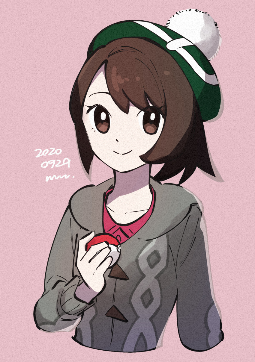 1girl absurdres bob_cut brown_eyes brown_hair buttons cable_knit cardigan closed_mouth collarbone collared_dress commentary dated dress gloria_(pokemon) green_headwear grey_cardigan hat highres holding holding_poke_ball hooded_cardigan looking_at_viewer mugiccha2 pink_background pink_dress poke_ball poke_ball_(basic) pokemon pokemon_(game) pokemon_swsh short_hair signature smile solo tam_o'_shanter upper_body