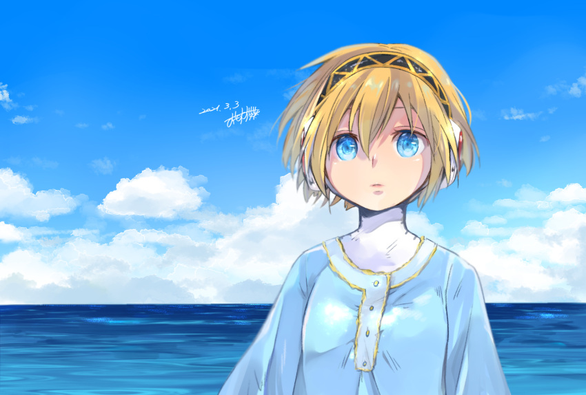 1girl aegis_(persona) android blonde_hair blue_eyes blue_sky breasts closed_mouth clouds dated dress highres looking_at_viewer ocean oosuzu_aoi persona persona_3 short_hair signature sky solo
