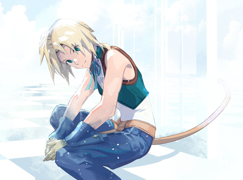 1boy aqua_eyes aqua_vest bangs belt blonde_hair blue_pants checkered_floor clouds cloudy_sky cofffee collar final_fantasy final_fantasy_ix frilled_collar frills gloves low_ponytail monkey_tail neck_ribbon pants parted_bangs ribbon sky solo squatting tail upper_body vest zidane_tribal