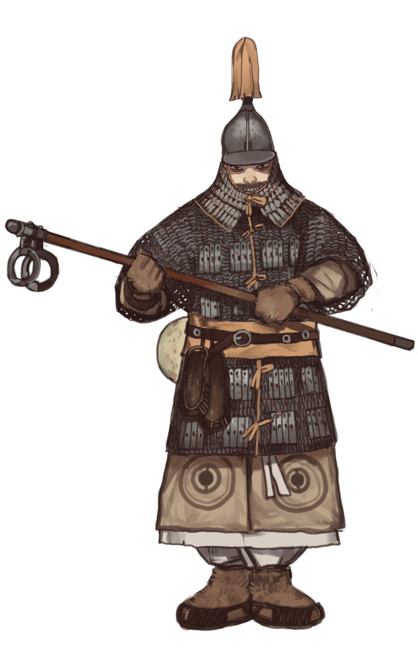 1boy armor black_eyes boots brown_footwear brown_gloves chainmail chinese_armor facial_hair flail gloves grin helmet highres holding holding_weapon looking_at_viewer male_focus mossacannibalis mustache original plume simple_background smile solo weapon white_background