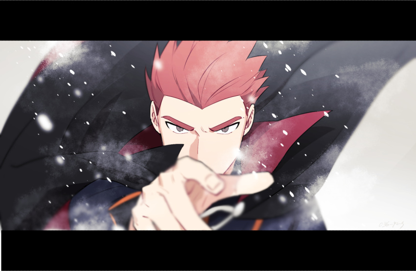 1boy black_cape blurry cape commentary_request grey_eyes hand_up jacket lance_(pokemon) letterboxed long_sleeves looking_at_viewer male_focus outstretched_hand pokemon pokemon_(game) pokemon_hgss redhead short_hair snowing solo spiky_hair upper_body y_(036_yng)