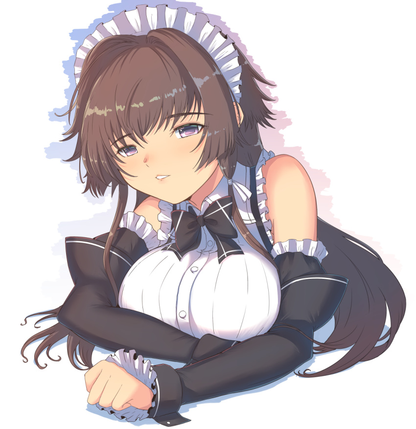 1girl alternate_costume bangs black_bow black_dress bow breasts brown_hair cat_with_a_brush clenched_hand detached_sleeves dress enmaided eyebrows_visible_through_hair highres large_breasts long_hair looking_at_viewer maid maid_headdress muvluv muvluv_alternative muvluv_total_eclipse parted_lips smile solo takamura_yui violet_eyes white_background