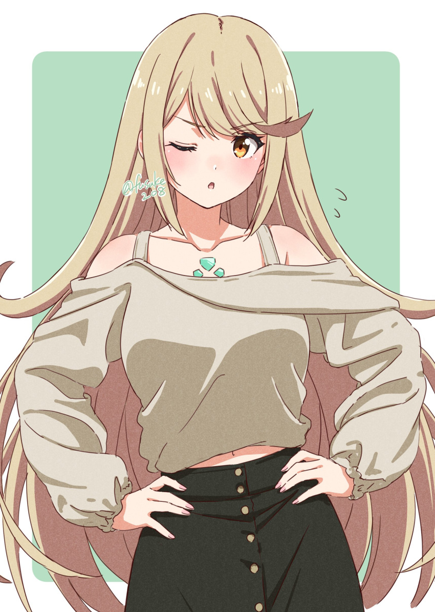 1girl absurdres bangs bare_shoulders black_skirt blonde_hair blush breasts brown_shirt collarbone cute eyebrows eyelashes flying_sweatdrops fuusuke_(fusuke208) hands_on_hips highres long_sleeves looking_at_viewer medium_breasts mythra_(xenoblade) navel off_shoulder one_eye_closed open_mouth puffy_long_sleeves puffy_sleeves shirt simple_background skirt solo twitter_username upper_body wink xenoblade_chronicles_(series) xenoblade_chronicles_2 yellow_eyes