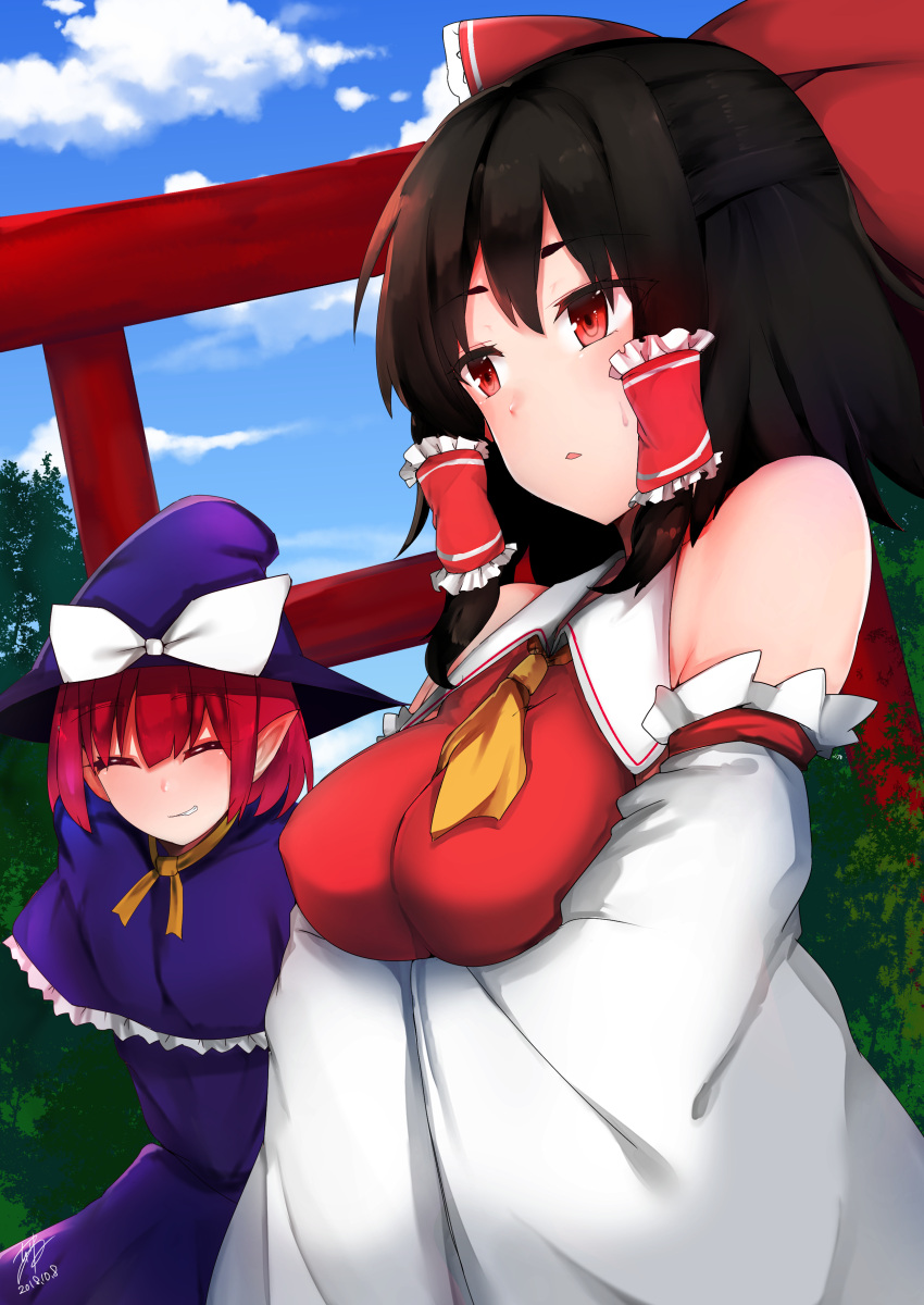 2girls ^_^ absurdres arms_behind_back arms_under_breasts ascot bangs bare_shoulders black_hair blush bow breasts bush capelet chiru_(218mg) closed_eyes closed_mouth clouds cloudy_sky collared_vest commentary_request crossed_arms day detached_sleeves dress eyebrows_visible_through_hair frilled_bow frilled_capelet frills hair_bow hair_tubes hakurei_reimu happy hat hat_bow highres kirisame_marisa kirisame_marisa_(pc-98) leaning_forward long_sleeves medium_breasts multiple_girls nontraditional_miko open_mouth outdoors pointy_ears purple_capelet purple_dress purple_headwear red_bow red_eyes red_ribbon red_vest redhead ribbon short_hair sidelocks sky sweatdrop torii touhou touhou_(pc-98) tree vest white_bow white_sleeves wide_sleeves witch_hat yellow_ascot yellow_ribbon