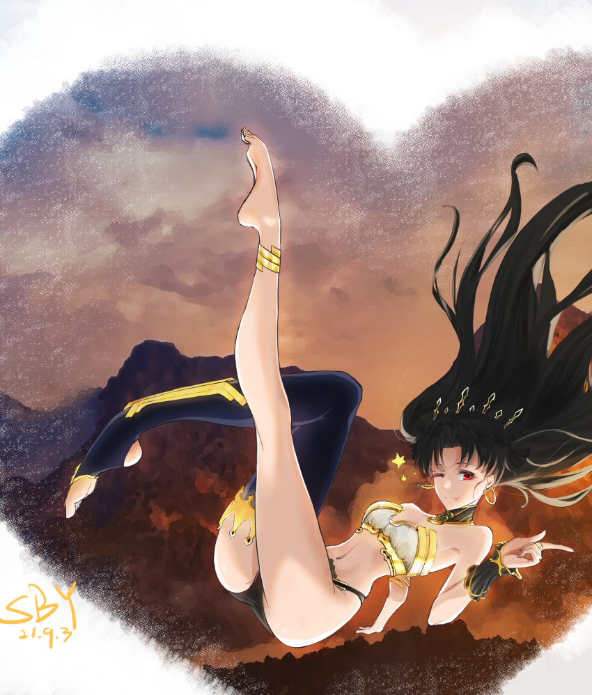 1girl ;p absurdres anklet armlet asymmetrical_clothes bangs barefoot black_hair black_shorts breasts bustier crown dated detached_sleeves earrings falling fate/grand_order fate_(series) full_body highres hoop_earrings index_finger_raised ishtar_(fate) jewelry long_hair long_legs looking_at_viewer mountainous_horizon narrow_waist neck_ring one_eye_closed parted_bangs plantar_flexion red_eyes shi_boyuan short_shorts shorts single_detached_sleeve single_thighhigh small_breasts solo stirrup_legwear thigh-highs toeless_legwear tongue tongue_out two_side_up