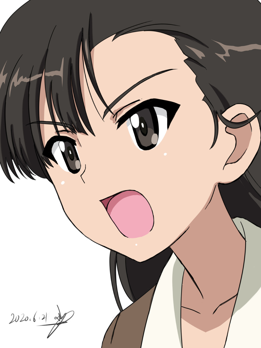 1girl artist_name asymmetrical_bangs bangs black_eyes black_hair brown_jacket bukkuri chi-hatan_military_uniform commentary dated frown girls_und_panzer highres jacket long_hair looking_to_the_side nishi_kinuyo open_mouth portrait signature simple_background solo straight_hair white_background