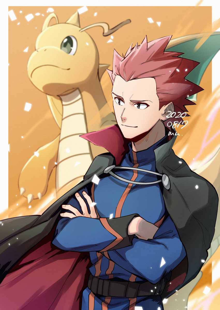 1boy absurdres belt black_cape black_eyes blue_jacket blue_pants blurry border cape closed_mouth commentary_request dated dragonite highres jacket lance_(pokemon) long_sleeves male_focus mugiccha2 pants pokemon pokemon_(creature) pokemon_(game) pokemon_hgss popped_collar redhead short_hair signature smile spiky_hair white_border