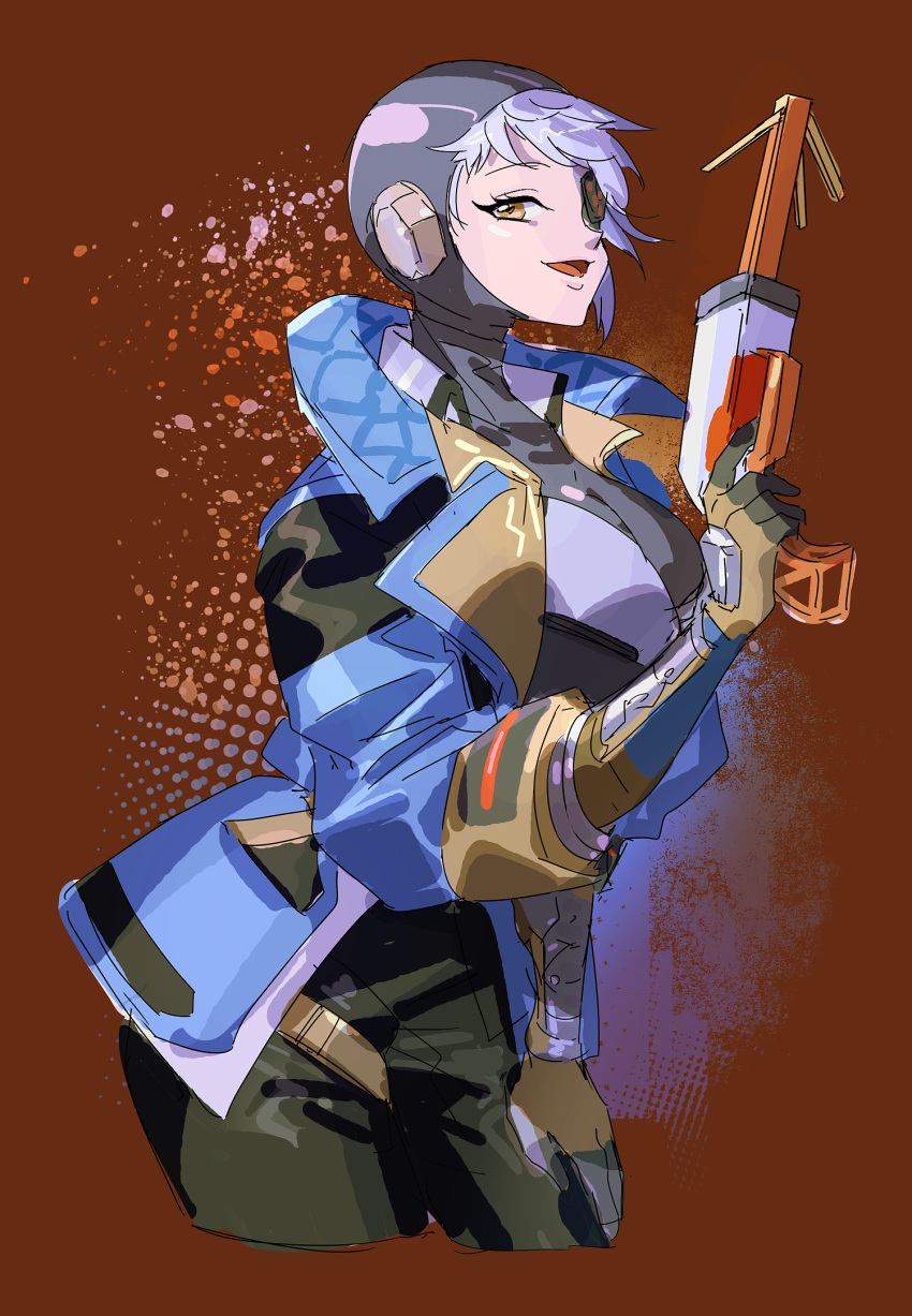 1girl apex_legends black_headwear black_pants blue_jacket brown_background brown_eyes deep_current_wattson energy_reader_(apex_legends) eyepatch from_side grey_hair highres holding jacket looking_to_the_side official_alternate_costume one_eye_covered open_mouth pants sketch smile solo thundergotch wattson_(apex_legends)