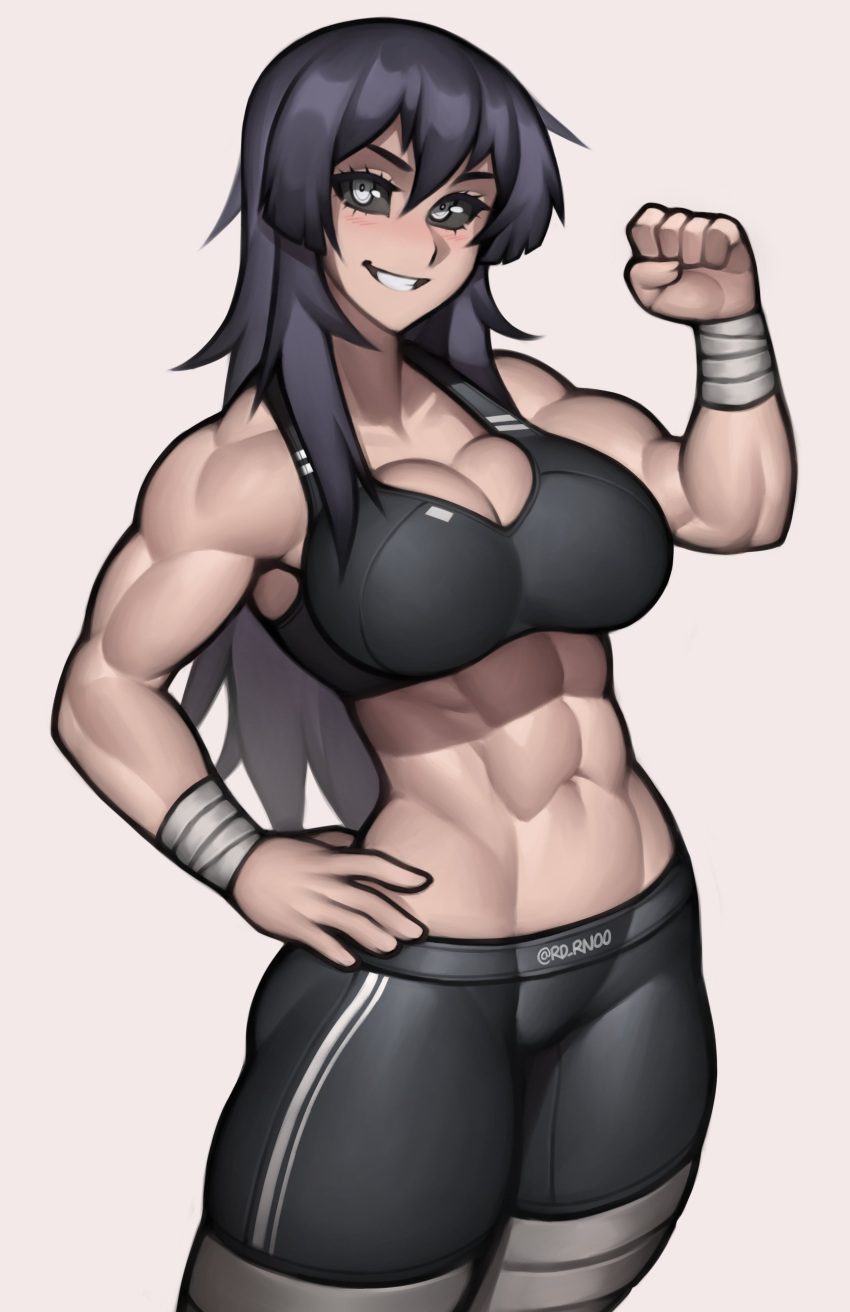 1girl abs absurdres artist_name black_hair black_sclera breasts colored_sclera commission cowboy_shot flexing grey_background grey_eyes hair_between_eyes hand_on_hip highres large_breasts long_hair looking_at_viewer midriff muscular muscular_female navel original parted_lips pose roadi3 simple_background smile solo sports_bra teeth twitter_username watermark