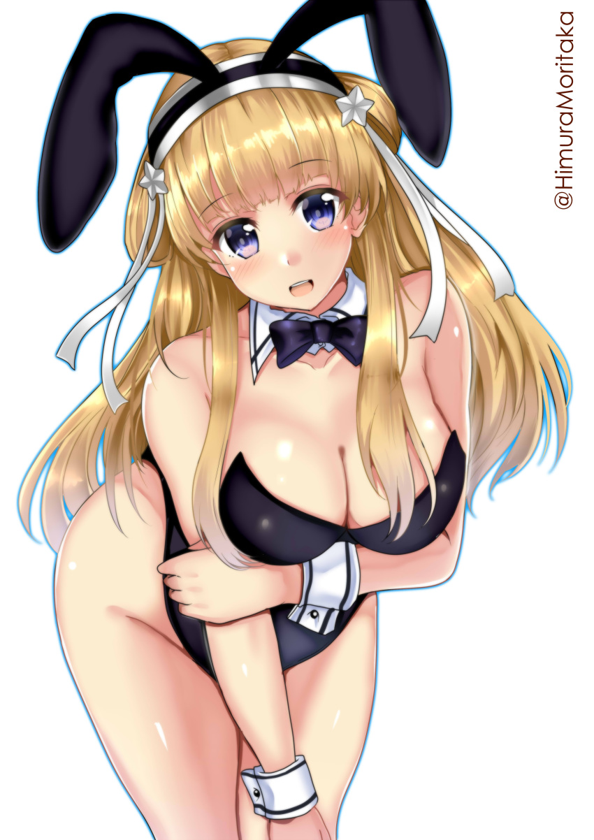 1girl absurdres alternate_costume animal_ears black_leotard blonde_hair bow bowtie breasts detached_collar double_bun fake_animal_ears fletcher_(kancolle) hair_ornament highres himura_moritaka kantai_collection large_breasts leotard long_hair looking_at_viewer off_shoulder open_mouth playboy_bunny rabbit_ears rabbit_tail side-tie_leotard smile solo star_(symbol) star_hair_ornament strapless strapless_leotard tail violet_eyes wrist_cuffs