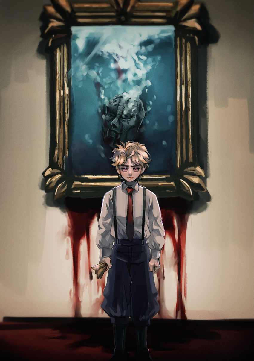 1boy absurdres arms_at_sides black_legwear blonde_hair blood blood_on_wall child clenched_hands collared_shirt dio_brando highres holding holding_paper jojo_no_kimyou_na_bouken long_sleeves looking_at_viewer mole_on_ear natchan_blue_(nanairopenki) necktie ocean painting_(object) paper phantom_blood picture_frame shirt short_hair stone_mask_(jojo) suspenders underwater yellow_eyes