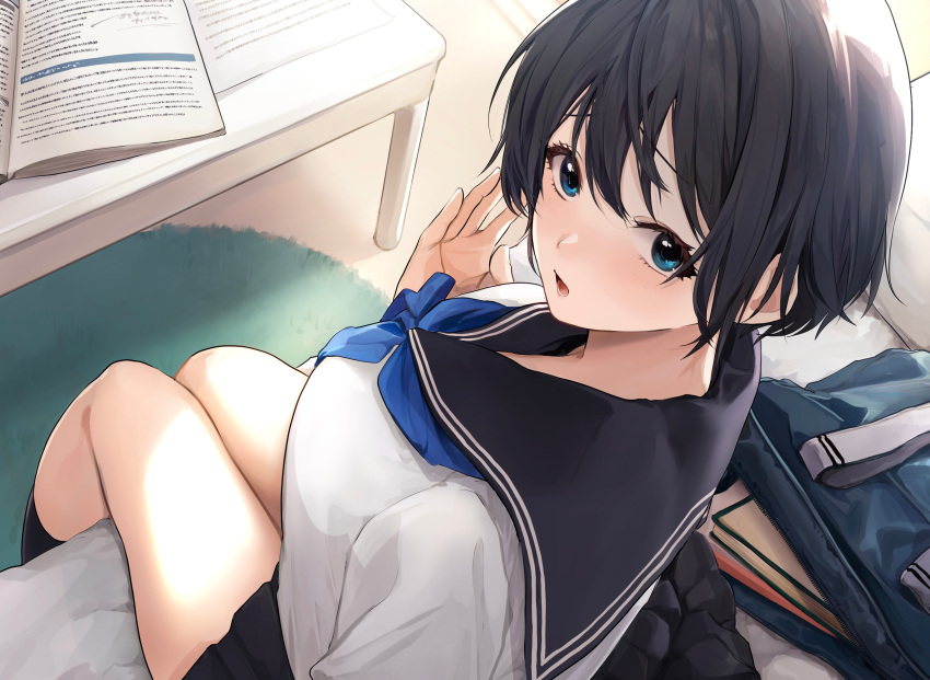 1girl akito_(d30n26) bag black_hair black_legwear black_sailor_collar black_skirt blue_eyes blue_neckerchief book breasts highres kneehighs large_breasts looking_at_viewer looking_back messy_hair neckerchief on_bed open_mouth original pleated_skirt sailor_collar school_bag school_uniform serafuku short_hair sitting sitting_on_bed skirt solo symbol-only_commentary thighs