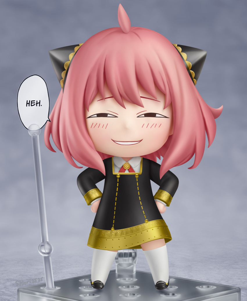 1girl absurdres ahoge anya_(spy_x_family) chibi eyebrows faux_figurine full_body half-closed_eyes hands_on_hips highres kneehighs long_sleeves looking_at_viewer nendoroid parted_lips pink_hair shiori2525 short_hair smile smug solo speech_bubble spy_x_family white_legwear