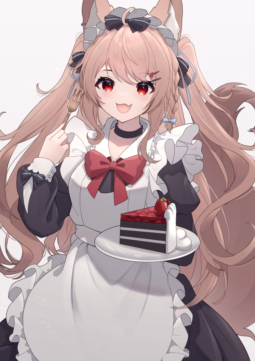 1girl :3 :d absurdres ahoge animal_ear_fluff animal_ears apron bangs black_choker black_dress blue_bow blue_ribbon bow braid cake cake_slice choker collarbone collared_dress dress eyebrows_visible_through_hair fang food fork fox_ears fox_girl fox_tail frilled_apron frills grey_background hair_bow hair_ornament hair_ribbon hairclip highres hinata_(user_rjkt4745) holding holding_fork holding_plate juliet_sleeves long_sleeves looking_at_viewer maid maid_apron nail_polish original pink_nails plate puffy_sleeves red_bow red_eyes ribbon simple_background sleeves_past_wrists smile solo tail tail_raised two_side_up white_apron